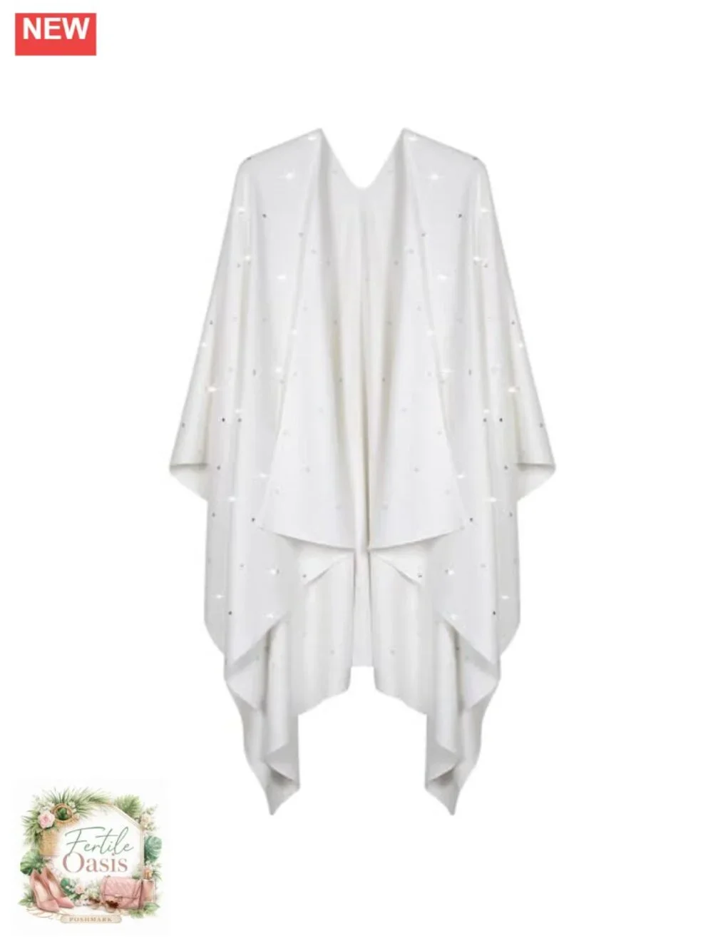 Elegant Open Front Poncho Cape Ruana Cardigan with Heart Crystals - Bamboo